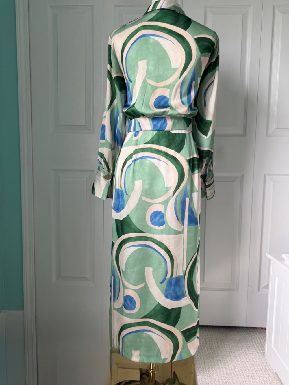 ZARA | Abstract Geometric Print Green, Cream & Blue Pleated Shirt Dress Sz L - Picture 2 of 10
